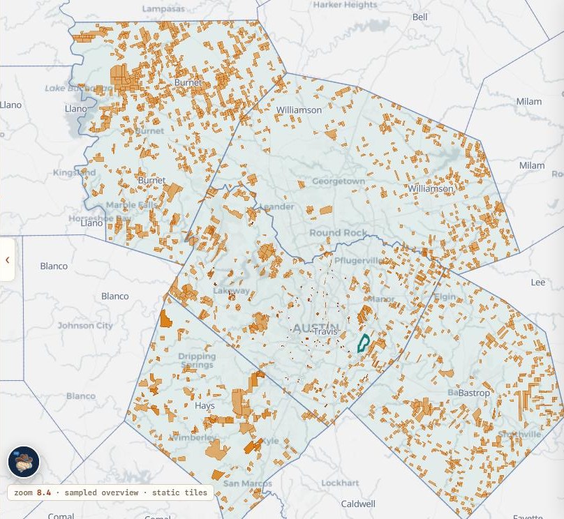 Live parcel map — absentee owners highlighted across Central Texas counties